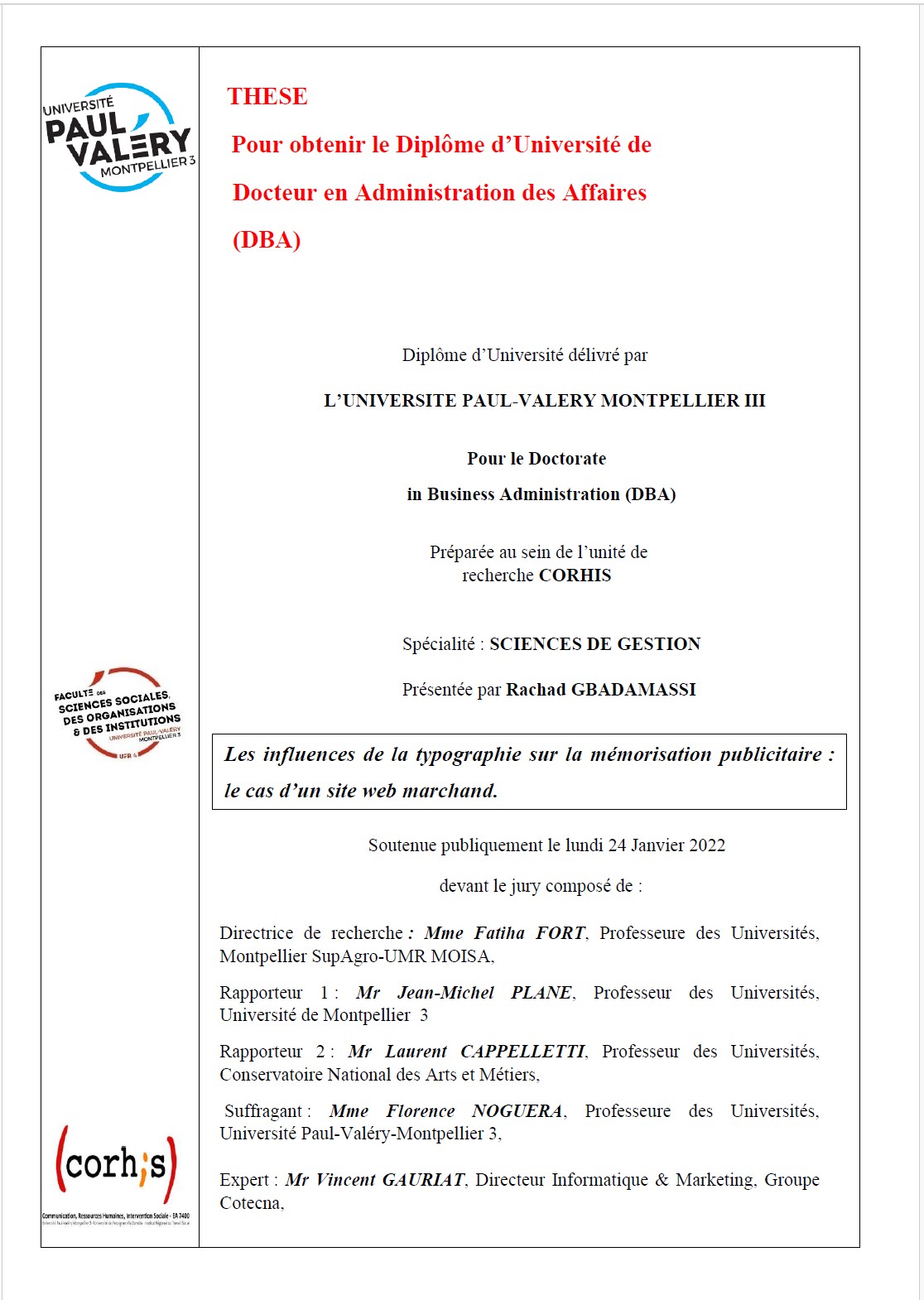 Thèse : Les Influences de la typographie sur la mémorisation publicitaire : le cas d'un site web marchand.